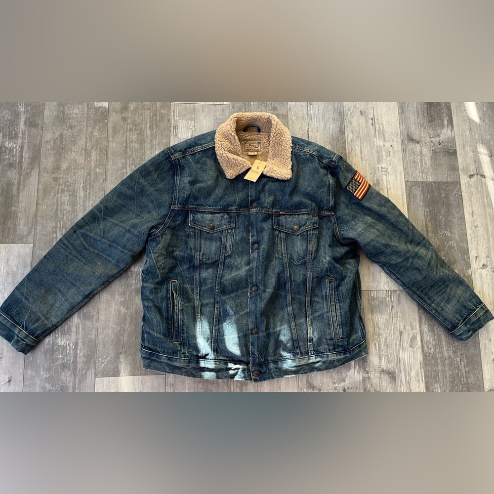 Polo Ralph Lauren Trucker Jacket Denim Sherpa Lined American Flag Mens Size 2XLT